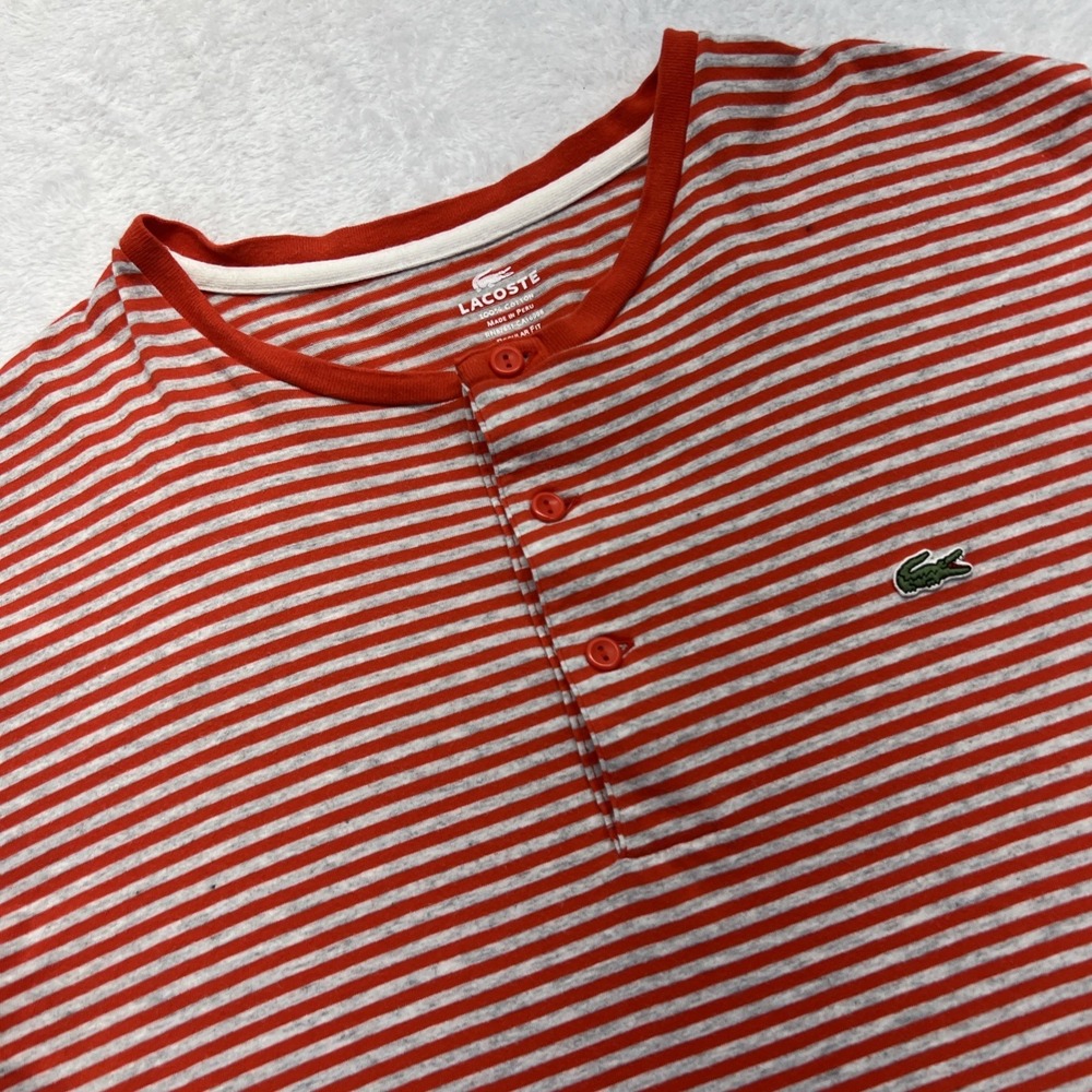 Lacoste 3 Button Crew Neck Short Sleeve Pullover Size 5 Red Gray Stripe Reg. Fit